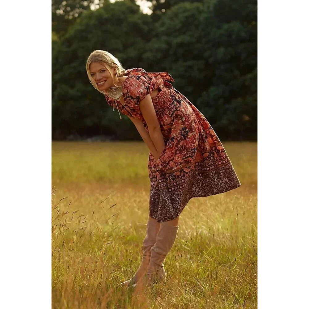 Anthropologie Printed V-Neck Babydoll Dress US 4 NEW